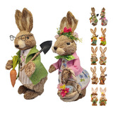 Casal De Coelhos De Páscoa Em Palha Enfeite Decoração 35cm