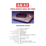 Catálogo Folder Toca Disco Akai Ap 100c Novo Okm 