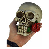 Caveira Com Rosa Na Boca Realista Humano Morte Enfeite