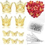 CCINEE Conjunto De Acessórios Para Buquê De Flores Com 140 Peças 4 Mini Coroas Douradas 36 Adesivos De Borboletas Douradas 3D E 100 Pinos De Diamante Para Topo De Bolo Dia Das M 