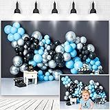 Cenário De Bebê Recém Nascido 1 Aniversário Para Meninos Fotografia De Retrato Preto Azul Balão Bolo Esmagamento Festa Decoração Interior Fotografia Fundo Sessão De Fotos Adereços De Cabine De