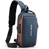 CertaMania Mochila Ombro Slim Bag Shoulder Bag Pochet Transversal Com Cadeado à Prova D água Anti Roubo Bolsa Com Porta De Carregamento USB Bolsa De Ombro Mochila Transversal Azul Marrom 