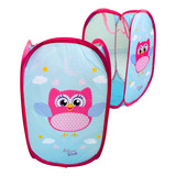 Cesto Organizador De Roupa Suja Roupinha Dobrável Infantil Cor Rosa Coruja