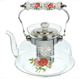 Chaleira Com Infusor De Inox Decorada Com Flor Decorada Chá Café Leite 1 Litro Vidro Borosilicato Vai Ao Fogo Bule