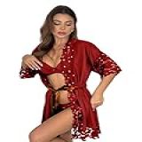 Chambre Robe Feminino- Preto- Com Detalhes Em Renda- Manga 3-4 -Vermelho- Único-