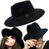 Chapéu Fedora Preto Clássico Aba 7cm Feltro Com Pingente