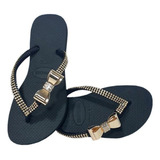 Chinelo Slim Decorado Com Laço E Strass Nas Laterais