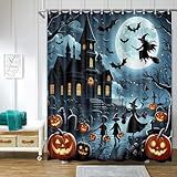ChloropLastid Cortina De Chuveiro De Halloween Para Banheiro- Terror- Castelo De Abóbora- Bruxa- Lua Cheia- Cortina De Banho- Impermeável- Conjunto De Cortinas De Tecido De Poliéster Com Ganchos 183 X