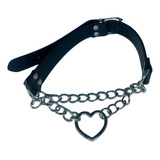 Choker Gargantilha Couro Tiras De Metal Pingente De Coração