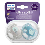 Chupeta Avent Ultra Soft 6 18m Azul Cinza Passaro Decorada Período De Idade 6 12 Meses