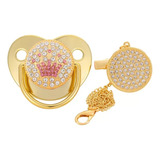 Chupeta Luxo Dourada Strass Prendedor Personalizada Coroa