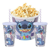 Cinema Em Casa Balde De Pipoca Com 2 Copos Lilo E Stitch Cor Azul aço
