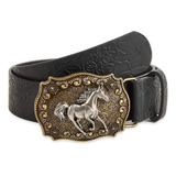 Cinto De Couro Country Fivela Cavalo Rodeio Tambores Unissex Cor Preto Tamanho 125 Cm