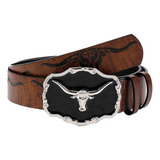 Cinto De Couro Country Fivela Touro Long Horn Rodeio Unissex Cor Marrom claro Tamanho 110 Cm