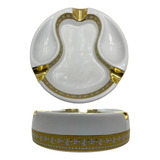 Cinzeiro De Mesa Redondo Luxo Charutos Branco E Dourado 20cm Liso