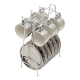 Cj 6 Xicaras Cafe Porcelana C pires C suporte Prata 90ml