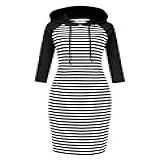 Clearlove Vestido Feminino Listrado Com Capuz E Bolso Na Altura Do Joelho Raglan Preto Branco M