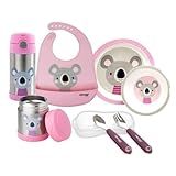 Clingo Kit Alimentação Bebê 7 Peças Babador Garrafa Pote Térmico Tigela E Prato Talheres Em Metal Livre De BPA Rosa