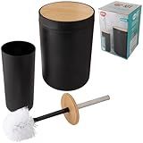 CLINK Jogo Para Banheiro Lixeira Plastico Redonda Tampa Bambu E Escova Sanitaria Com Suporte Cabo Inox