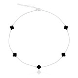 Colar Com Pingentes Trevo Preto Prata Legítima 925