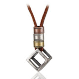 Colar Cordão Masculino Couro Legítimo Cubo Em Aço Ajustável Cor Marrom escuro