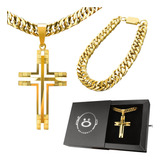 Colar Corrente Crucifixo Pesado Grande Masculino Aço Inox