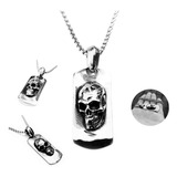 Colar Corrente Masculina Caveira Dog Tag Punk Rock Aço Inox
