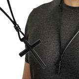 Colar De Couro Masculino Cordão Cruz Preto Regulável