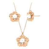 Colar E Brinco Conjunto Flor Pérola E Microzircônias Rosê