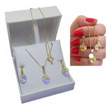 Colar E Brinco De Coração Swarovski Folheado A Ouro A