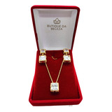 Colar E Brinco Feminino Dourado Zircônia Quadrada 45cm Ext