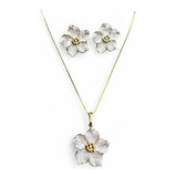 Colar E Brinco Flor Esmatado Banho Ouro18k Branco Leve Luxo
