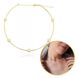 Colar Feminino Choker De Aro Rígido E Pérolas Shell Folheado