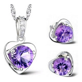 Colar Feminino Prata Folheado Ametista Pedra Roxa Brincos Cor Prateado