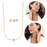 Colar Gargantilha De Pérola Feminino Brinco O Kit Conjunto Acompanha Corrente Veneziana De 45 Cm Banhado Ouro 18k E Antialérgicas Marca Andreia Branco Acessórios