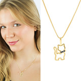 Colar Gato Pedras Presente Pet Semi Joias Banhado Ouro 18k Cor Azul