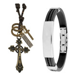 Colar Masculino Crucifixo Couro Vintage Pingente Pulseira
