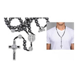 Colar Masculino Terço Crucifixo Hematita Medalha São Bento