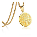 Colar Medalha Cruz São Bento Banhada Ouro Aço 316l Cor Dourado