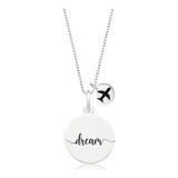 Colar Medalha Frase Dream Avião Prata Legítima 925