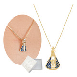 Colar Nossa Senhora Com Brilhantes Azuis Banhado A Ouro 18k