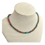 Colar Pedra Ágata Lake Blue Cloisonne 6mm Em Fio Aço