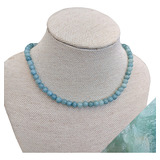 Colar Pedra Água Marinha Maravilhoso Natural 6mm Fio De Aço