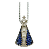Colar Prata 925 Nossa Senhora Aparecida Pingente Zircônia Cor Azul