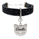 Coleira Gato Cachorro Strass Preto Placa Nome Telefone Laser