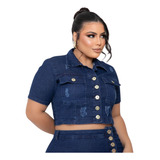 Colete Croped Jeans Plus Size Feminino Bolsos Com Lycra
