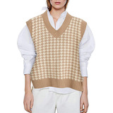 Colete Pulover Feminino Tricot Pied Poule Moda Blogueira