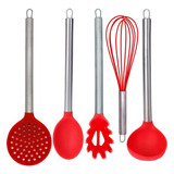 Colher Concha Pegador Escumadeira Fue Silicone 5 Pç Vermelho