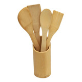 Colher De Pau Bambu Madeira Culinário 4 Peças Suporte