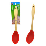 Colher Silicone Cabo Madeira Não Risca Panela Talheres Cor Vermelho